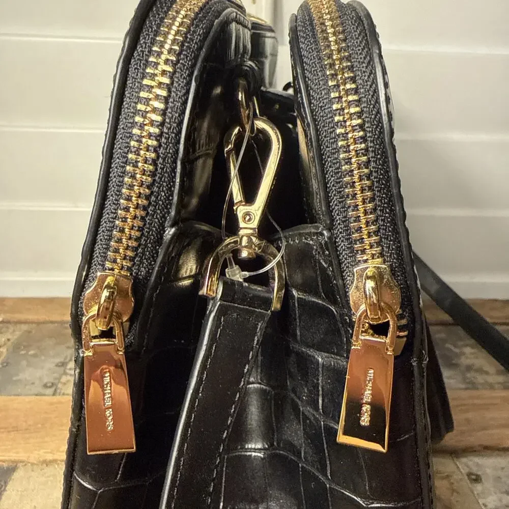 Michael Kors Houston Croc Embossed Double Zip Black Leather Satchel